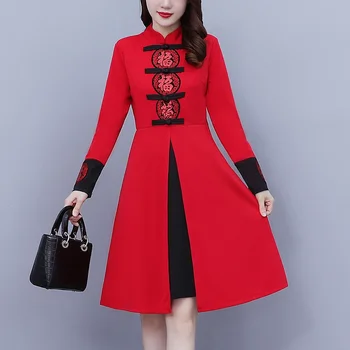 Женское осеннее новое красное праздничное платье, тонкое улучшенное китайское традиционное платье ципао в стиле ретро, плюс размер M-5XL Изображение 2