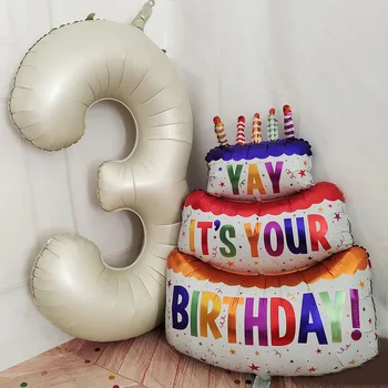С Днем рождения, торт, мишка, воздушные шары из фольги, украшения для вечеринки по случаю Дня рождения, 40-дюймовый Кремово-белый цифровой воздушный шар, шары для душа ребенка.