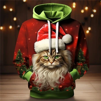 Модные Рождественские толстовки с принтом Кота Для мужчин, толстовки с 3D-рисунком животных, Рождественская одежда с забавным Снеговиком, осенний пуловер Оверсайз