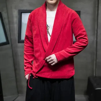 Японское пальто-кимоно, Модная Новая Мужская шерстяная вязаная куртка, Китайский кардиган с V-образным вырезом, Корейское повседневное пальто Изображение 2