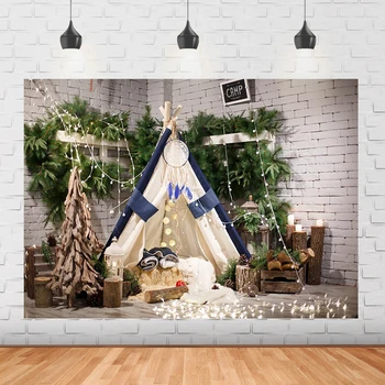 Рождественский кемпинг фон для фотосъемки Приключенческая Палатка белая кирпичная стена палатка украшение вечеринки детский портрет фотостудия