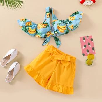 FOCUSNORM, 2 предмета, Летние Модные Комплекты одежды для девочек и детей 2-7 лет, Футболки с открытыми плечами и бананом + Шорты с бантом Изображение 2