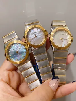 27 мм Брендовые женские кварцевые часы в виде звезды, Перламутрово-серый циферблат, часы из нержавеющей стали, Бриллиант, CZ, Двухцветное Золото, Розовые наручные часы