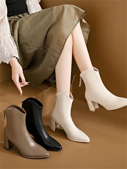 Осенне-зимние модные новые пикантные ботинки на квадратном каблуке, теплая молния сзади, повседневные однотонные удобные женские полусапожки с острым носком