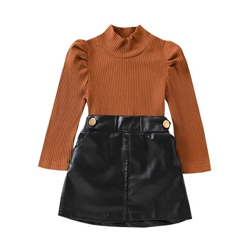 Осенняя одежда для девочек из 2 предметов, однотонные топы в рубчик с длинными рукавами, комплект из черной юбки из искусственной кожи