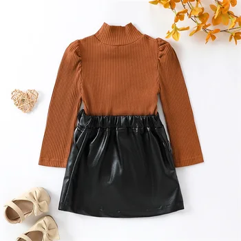 Осенняя одежда для девочек из 2 предметов, однотонные топы в рубчик с длинными рукавами, комплект из черной юбки из искусственной кожи Изображение 2