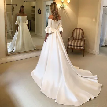 Рукава-клеш с открытыми плечами, атласное свадебное платье с карманами цвета слоновой кости, белое, простое, с длинным шлейфом, свадебное платье для фотосессии