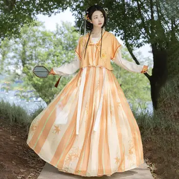 Женская оранжевая вышивка Hanfu В традиционном китайском стиле, сценические костюмы для древних народных танцев, Восточное платье для косплея Сказочной принцессы