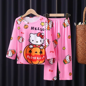 Осенние детские пижамы из молочного шелка 2023 года, комплекты пижам на Хэллоуин из аниме Sanrio Cinnamoroll Kuromi для мальчиков и девочек, детская домашняя одежда