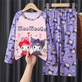 Осенние детские пижамы из молочного шелка 2023 года, комплекты пижам на Хэллоуин из аниме Sanrio Cinnamoroll Kuromi для мальчиков и девочек, детская домашняя одежда Изображение 2