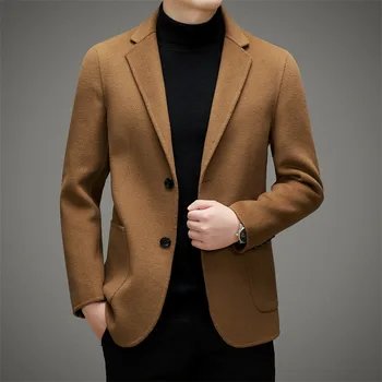 Блейзер из 100% овечьей шерсти 2023, мужская осенне-зимняя простая модная шерстяная куртка, Мужское тонкое однобортное кашемировое шерстяное пальто