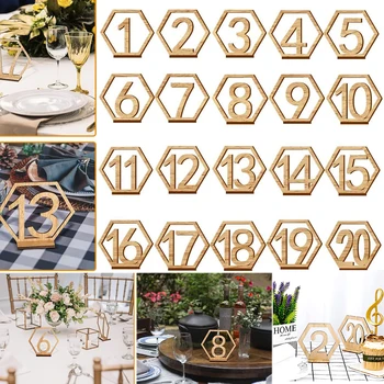 Деревянные таблички с номерами шестиугольной формы с подставкой-держателем для свадебных торжеств, кейтеринга, декора № 1-40