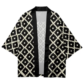 Модная рубашка с геометрическим принтом Haori 2023, Летнее женское пляжное кимоно в три четверти, Мужской кардиган оверсайз, Азиатская одежда