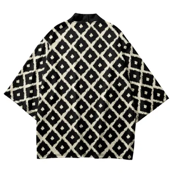 Модная рубашка с геометрическим принтом Haori 2023, Летнее женское пляжное кимоно в три четверти, Мужской кардиган оверсайз, Азиатская одежда Изображение 2