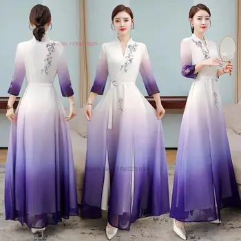 2024 национальное платье с цветочной вышивкой, китайское импровизированное ципао ретро градиентного цвета, платье чонсам с v-образным вырезом, банкетное вечернее платье