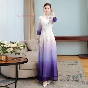 2024 национальное платье с цветочной вышивкой, китайское импровизированное ципао ретро градиентного цвета, платье чонсам с v-образным вырезом, банкетное вечернее платье Изображение 2