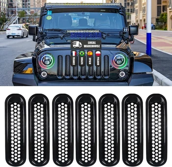 Черная Накладка на Решетку Радиатора Со Вставкой Сетчатой Рамки для Jeep Wrangler JK & Unlimited 2007-2016 - 7 ШТ Передняя Решетка С Вставкой Из Сетки