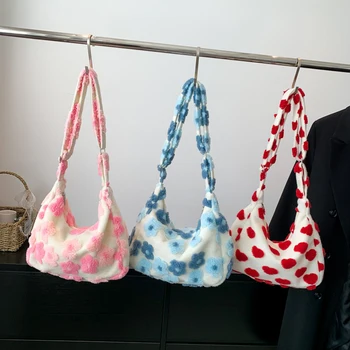 Женская плюшевая сумка через плечо с цветочным принтом, сумка-ранец Y2k, универсальная сумка из искусственного меха, пушистый клатч, зимняя сумка для покупок