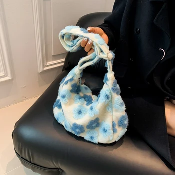 Женская плюшевая сумка через плечо с цветочным принтом, сумка-ранец Y2k, универсальная сумка из искусственного меха, пушистый клатч, зимняя сумка для покупок Изображение 2