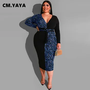Женское платье размера плюс YAYA, Леопардовые платья-карандаш в стиле пэчворк, Эластичный бандаж, Vestidos с декольте, Винтажная одежда, осень