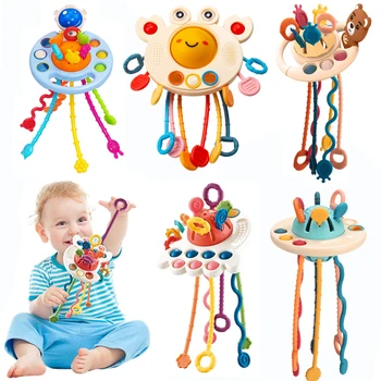 Детские игрушки Монтессори, Сенсорные игрушки, Тянущие за ниточку, Силиконовые Развивающие игрушки для детей от 6 до 12 месяцев