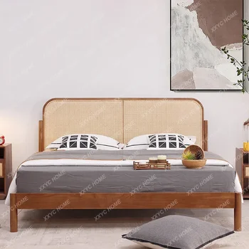 Плетеная Кровать из Цельного Дерева в Японском стиле, Плетеная Из Настоящего Ротанга, Главная Спальня с Двуспальной кроватью 1,5 М 1,8 М Изображение 2