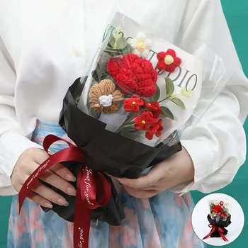 Готовый букет цветов, связанный крючком, искусственные цветы, вязаные Розы и Подсолнухи, украшения для дома, свадьбы, вечеринки, Реквизит для фотографий