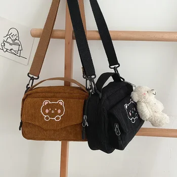 Милая женская сумочка, Вельветовые сумки через плечо, сумка-мессенджер с медведем, подарок дочери, холщовая сумка в стиле Харадзюку, Милая женская сумка Изображение 2