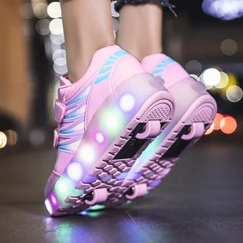 Роликовые коньки Обувь на 2 колесах со светящейся светодиодной подсветкой Для детей, мальчиков и девочек, модные светящиеся спортивные ботинки 2022 года, повседневные кроссовки