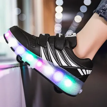 Роликовые коньки Обувь на 2 колесах со светящейся светодиодной подсветкой Для детей, мальчиков и девочек, модные светящиеся спортивные ботинки 2022 года, повседневные кроссовки Изображение 2