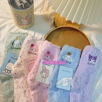 детские носки kuromi Sanrio с аниме melody Cinnamoroll, 5 Пар, лот, 5 хлопковых носков для девочек, Мягкие Теплые Модные носки на осень-зиму, новые носки Изображение 2
