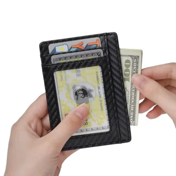 2023 Тонкий кожаный бумажник с RFID-блокировкой, простой держатель для кредитных карт, модная сумка унисекс, держатель для карт из углеродного волокна. Изображение 2