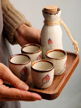 Японский винтажный керамический набор для вина, чашка для Уайт-спирита, бокал для саке, бутылка для вина, бокал для вина, бытовая бутылка, один горшок, четыре чашки