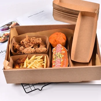 200 шт. Одноразовый поднос из крафт-бумаги для подачи еды, Картошка фри, коробка с курицей, Крафт-бумага