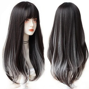 ХОЙУЯН Женские длинные прямые волосы с челкой синтетический парик градиентно-серый синтетический косплей Лолита