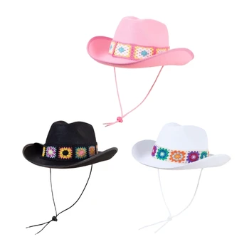 Модная ковбойская шляпа с цветочным узором, вязаная крючком, Ковбойская шляпа с широкими полями, которую можно стирать