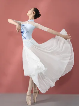 Белые балетные платья Vestidos для танцев, жемчужный шифон, женская юбка-балерина, танцевальное платье, пачка, лирический танцевальный костюм для девочек Изображение 2