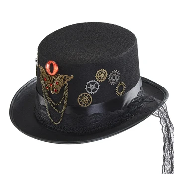 Ретро-готический цилиндр Для мужчин И женщин, Кружевные шестерни, Цепочки от Сглаза, Фетровая шляпа для вечеринки, Маскарадный костюм для косплея на Хэллоуин