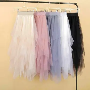 Элегантные юбки из тюля неправильной формы, женские модные эластичные юбки-пачки в складку с высокой талией, длинные сетчатые юбки-пачки для женщин