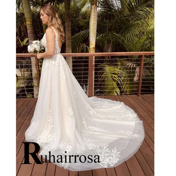 Модные свадебные платья Ruhair с глубоким V-образным вырезом для женщин, аппликации, тюль трапециевидной формы без спинки, сшитые по индивидуальному заказу, Vestidos De Novia, Прямая поставка Изображение 2
