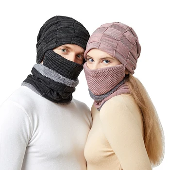 Вязаная шапка, шарф, маска, комплект для мужчин, осень-зима, Бархатная защита ушей, Вязаная шапка, женский тепловой комплект, Skullies Beanies