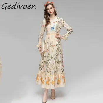 Gedivoen Летнее модное дизайнерское вечернее платье с винтажными оборками, женское длинное платье трапециевидной формы с присборенной талией и принтом