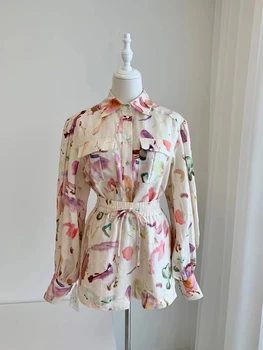 Женская Льняная блузка с рисунком и коротким рукавом, Топ + Шорты с эластичной резинкой на талии, Комплект