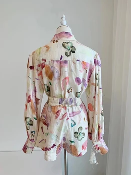 Женская Льняная блузка с рисунком и коротким рукавом, Топ + Шорты с эластичной резинкой на талии, Комплект Изображение 2