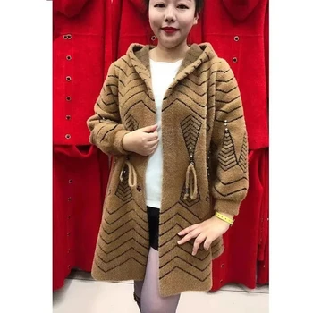 Зимняя шерстяная куртка, женское длинное кашемировое пальто с имитацией норки, высококачественный вязаный кардиган для пожилых людей, свитер 4XL