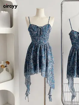 Женское платье на тонких бретельках Circyy, синие платья с цветочной шнуровкой, плиссированная спинка с подкладкой, французские летние платья Sweet 2023