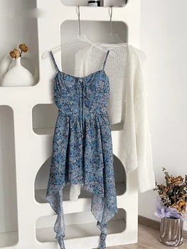 Женское платье на тонких бретельках Circyy, синие платья с цветочной шнуровкой, плиссированная спинка с подкладкой, французские летние платья Sweet 2023 Изображение 2