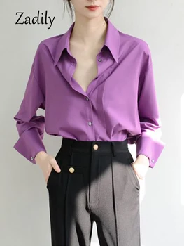 Zadily 2023 Осенняя офисная женская рубашка с длинным рукавом фиолетового цвета, рабочая блузка в Корейском стиле на пуговицах, топы женской одежды