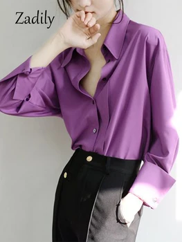 Zadily 2023 Осенняя офисная женская рубашка с длинным рукавом фиолетового цвета, рабочая блузка в Корейском стиле на пуговицах, топы женской одежды Изображение 2