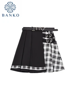 Летняя женская мода Harajuku в стиле пэчворк, плиссированная юбка в мини-клетку с поясом, уличная одежда Y2k, готический дизайн, Эстетика Gyaru 2000-х